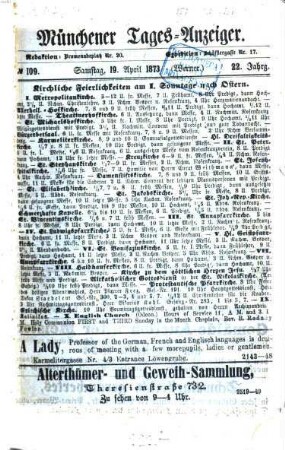 Münchener Tages-Anzeiger : altes Fremdenblatt. 1873,4/6 = Jg. 22, 19. Apr. - Juni