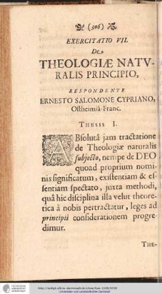 EXERCITATIO VII. De THEOLOGIAE NATURALIS PRINCIPIO, RESPONDENTE ERNESTO SALOMONE CYPRIANO ...