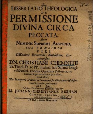 Dissertatio Theologica De Permissione Divina Circa Peccata