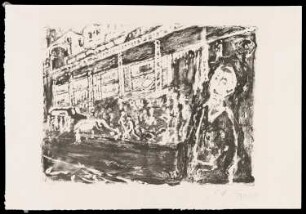 Lithografie des Künstlers Rudi Lesser, Straße-Hochbahn, 1963