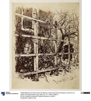 Vor einem Haus ein Spalier, in dem eine Perücke hängt, zu Heinrich von Kleist "Der zerbrochene Krug"