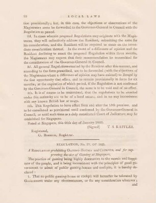 Regulation, No. IV. of 1823. A regulation progibiting gaming-houses and cockpits, and for supressing the voice of gaming of Singapore