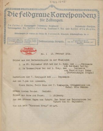 1.1916: Zeitungsdienst Feldgrau