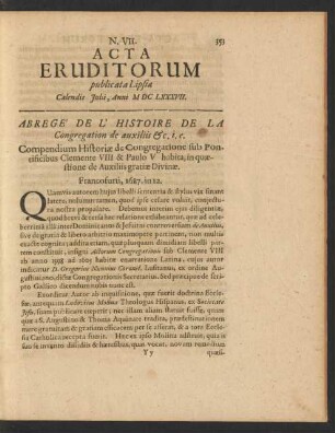 N. VII. [...] Calendis Julii, Anni M DC LXXXVII.