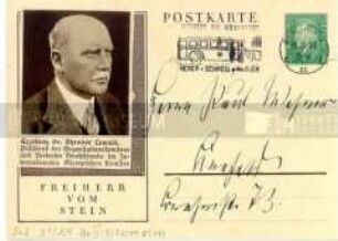 Handschriftliche Postkarte des Sportfunktionärs und späteren Präsidenten des Organisations-Komitees für die Olympischen Spiele 1936 in Berlin Theodor Lewald (mit vorderseitig aufgeklebtem Porträtdruck des Absenders)