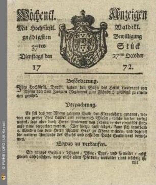 37tes Stueck, Dienstags den 27ten October 1772
