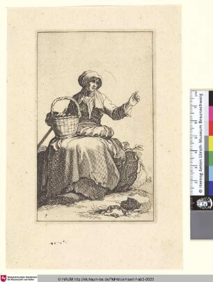 [A seated old Peasant Woman; Sitzende Bäuerin mit Korb auf dem Schoß, nach rechts weisend]