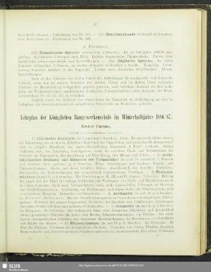 Lehrplan der Königlichen Baugewerkenschule im Winterhalbjahre 1886/87