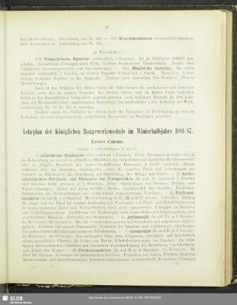 Lehrplan der Königlichen Baugewerkenschule im Winterhalbjahre 1886/87