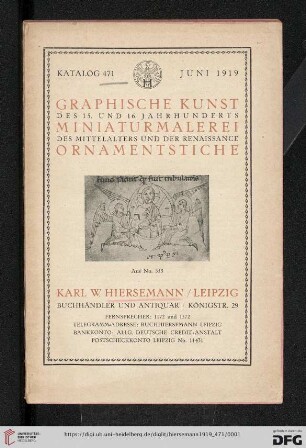 Nr. 471: Katalog: Graphische Kunst des 15. und 16. Jahrhunderts, Miniaturmalerei des Mittelalters und der Renaissance, Ornamentstiche