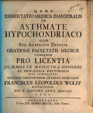 Dissertatio Medica Inauguralis De Asthmate Hypochondriaco