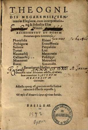 Theognidis Megarensis Sententiae Elegiacae