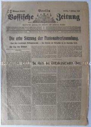 Tageszeitung "Vossische Zeitung" zur ersten Sitzung der Nationalversammlung