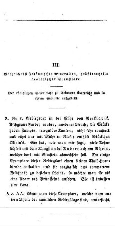 III. Verzeichniß Isländischer Mineralien, größtentheils geologischer Exemplare.