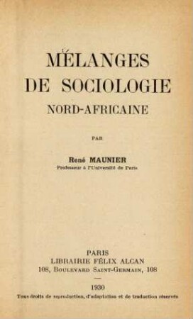 Mélanges de sociologie Nord-Africaine