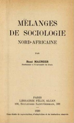 Mélanges de sociologie Nord-Africaine