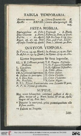 Tabula temporaria/ Festa mobilia/ Quatuor tempora/ Nuptiae