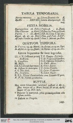 Tabula temporaria/ Festa mobilia/ Quatuor tempora/ Nuptiae