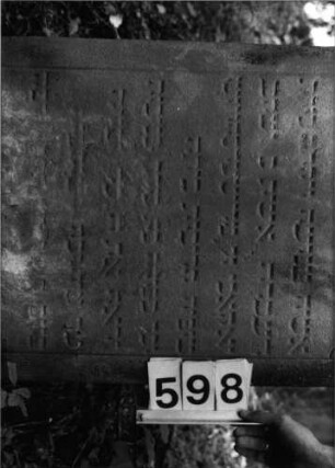 Grabstein 598 (Index: 99802860) Material: Sandstein Zustand: unten z. T. stark verwittert Maße HxBxT: 114x58x12 cm Beschreibung: Stele mit verdachtem Segmentbogen, Mittelakroterie Symbolik: Stern: Grabstein 598 (Detailaufnahme)
