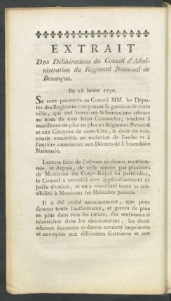 Extrait Des Délibérations du Conseil d'Administration du Régiment National de Besançon