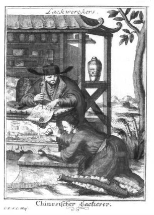 Chinesischer Lackierer : Chinesischer Lackierer. Aus: Inventions chinoises XVI, Blatt 23. Kupferstich, koloriert, 14,5 x 11,3 cm. Dresden: Kupferstich-Kabinett in Band 1156,2 (XVI)