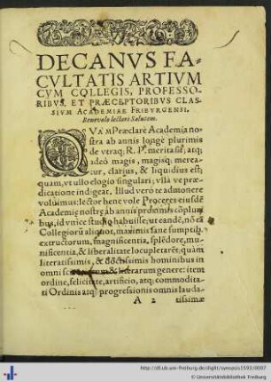 Decanus Facultatis Artium Benevolo lectori salutem.