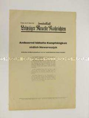 Sonderblatt der "Leipziger Neuesten Nachrichten" mit Kurzmeldungen von verschiedenen Kriegsschauplätzen u.a. über die deutsche Bombardierung eines britischen Artillerieschnellbotes vor der niederländischen Küste