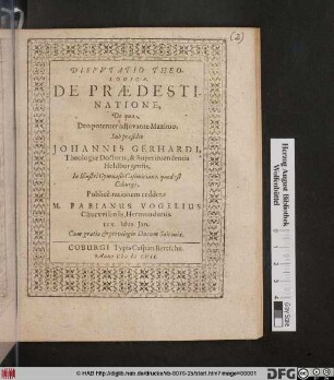 Disputatio Theologica. De Praedestinatione