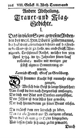 Andere Abtheilung. Trauer- und Klag-Gedichte.