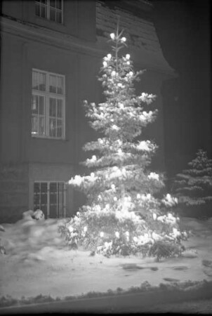 Radebeul-Kötzschenbroda, Fabrikstraße 27. Elektroarmaturenwerk JWH. Weihnachtsbaum vor dem Verwaltungsgebäude (1921)