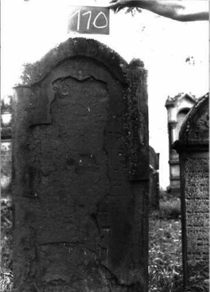 Grabstein 110 (Index: 100103513) Material: Sandstein Zustand: stark verwittert, abgeblättert, weitgehender Textverlust Maße HxBxT: 165x64x8 cm Beschreibung: Stele, eingezogener Rundbogenabschluss, auf den Einzügen Kugelaufsätze, Schriftfeld eingetieft mit Konvexbogenabschluss, im Bogen Blüte Symbolik: Blüte: Grabstein 110