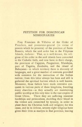 Petition for Dominian missionaries