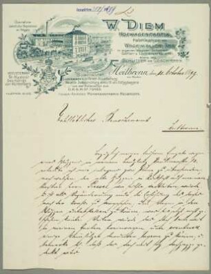 Briefbogen mit Firmenansicht von "W. Diem Hofwagenfabrik" [Paulinenstraße 15 und 17]