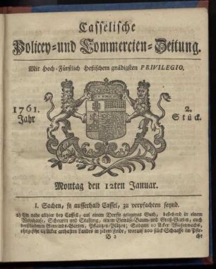 2. Stueck, Montag den 12ten Januar 1761