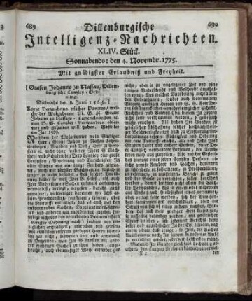 Sonnabends: den 4. Novembr. 1775.