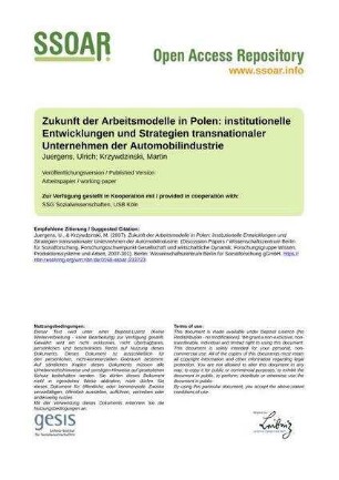 Zukunft der Arbeitsmodelle in Polen: institutionelle Entwicklungen und Strategien transnationaler Unternehmen der Automobilindustrie