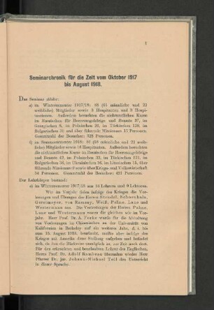 Seminarchronik für die Zeit vom Oktober 1917 bis August 1918.