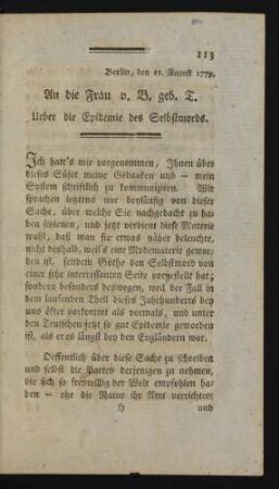Berlin, den 11. August 1779. An die Frau v. B. geb. T. Über die Epidemie des Selbstmords