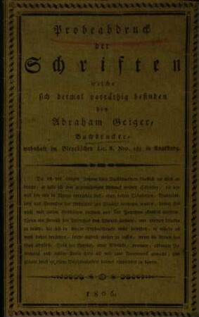 Probeabdruck der Schriften, welche sich dermal vorräthig befinden bey Abraham Geiger, Buchdrucker in Augsburg