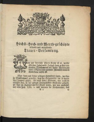 Höchst- Hoch- und Werth-geschätzte leidende und mitleidende Trauer-Versammlung.