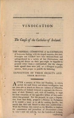 Vindication of the Cause of the Catholics of Ireland : adopted and ordered to be published by the Gen. Commitee ... Dec. 7, 1793