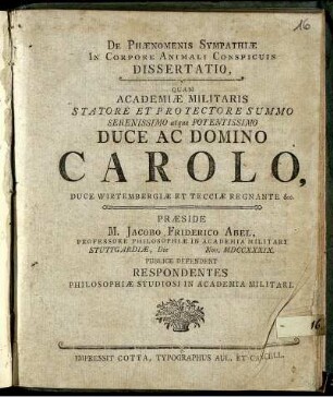 De Phænomenis Sympathiæ In Corpore Animali Conspicuis Dissertatio : Die [] Nov. MDCCXXXIX.