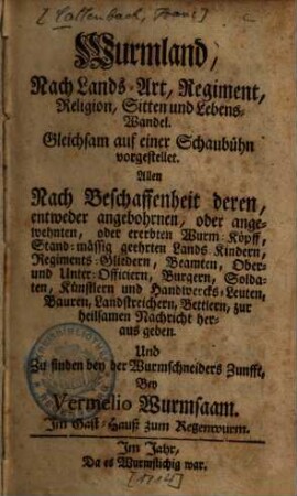 Wurmland : Nach Lands-Art, Regiment, Religion, Sitten und Lebens-Wandel ; Gleichsam auf einer Schaubühn vorgestellet. Allen ... zur heilsamen Nachricht heraus geben