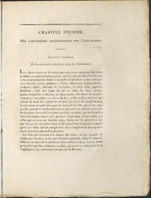 Chapitre Premier. Des Caractere Osteologiques Des Carnassiers. (unvollständig)
