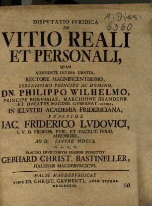Dispvtatio Ivridica De Vitio Reali Et Personali