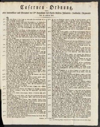 Casernen-Ordnung, wonach jeder Unterofficier und Grenadier des 2ten Bataillons des Garde-Reserve-Infanterie- (Landwehr) Regiments sich zu achten hat : Spandau, den 19. Juni 1826