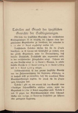 Tabellen auf Grund des spezifischen Gewichts der Goldlegierungen.
