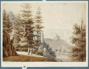 Tharandt, Blick aus dem Wald auf die Burgruine und über den Schlossteich auf die Berg- und Stadtkirche