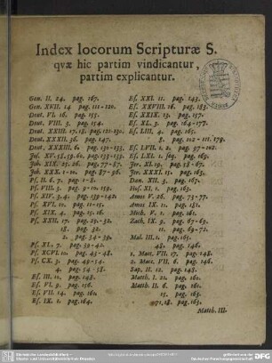 Index locorum Scripturae S. quae hic partim vindicantur, partim explicantur