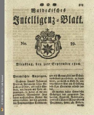 No. 39. Dienstag, den 30ten September 1806